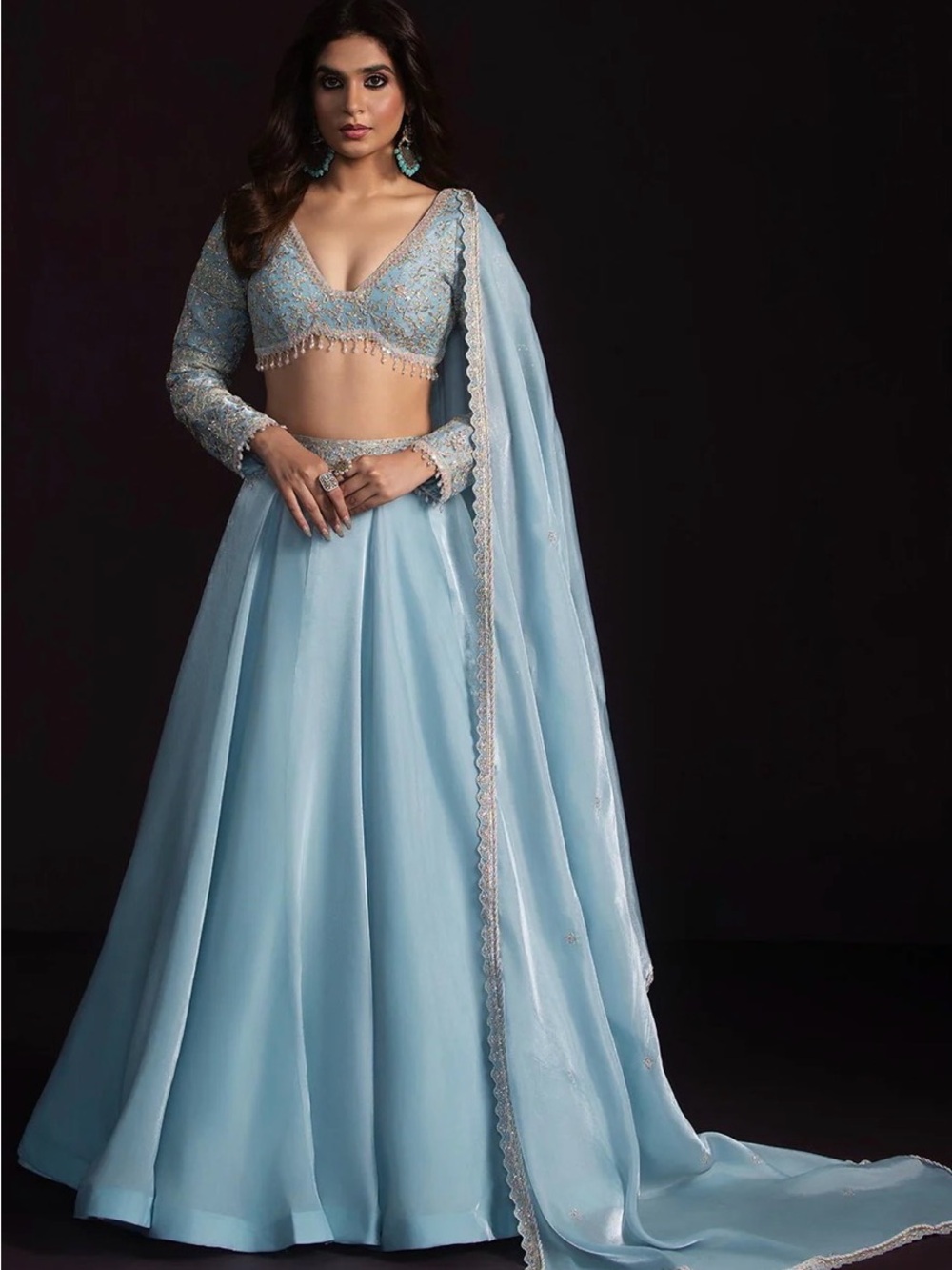 Sky Blue Embroidered Tissue Lehenga Embroidered